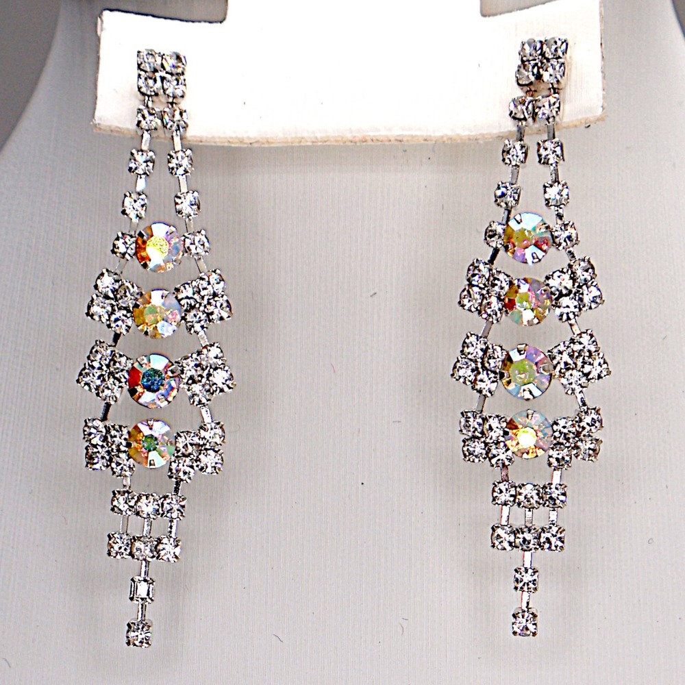 Swarovski Crystal Silver Overlay Chandelier Drop Earrings Iridescent NEW OOAK